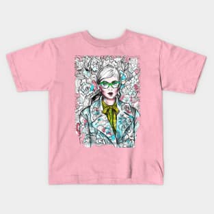 Woman Wearing Glasses in a Floral Pattern. Kids T-Shirt